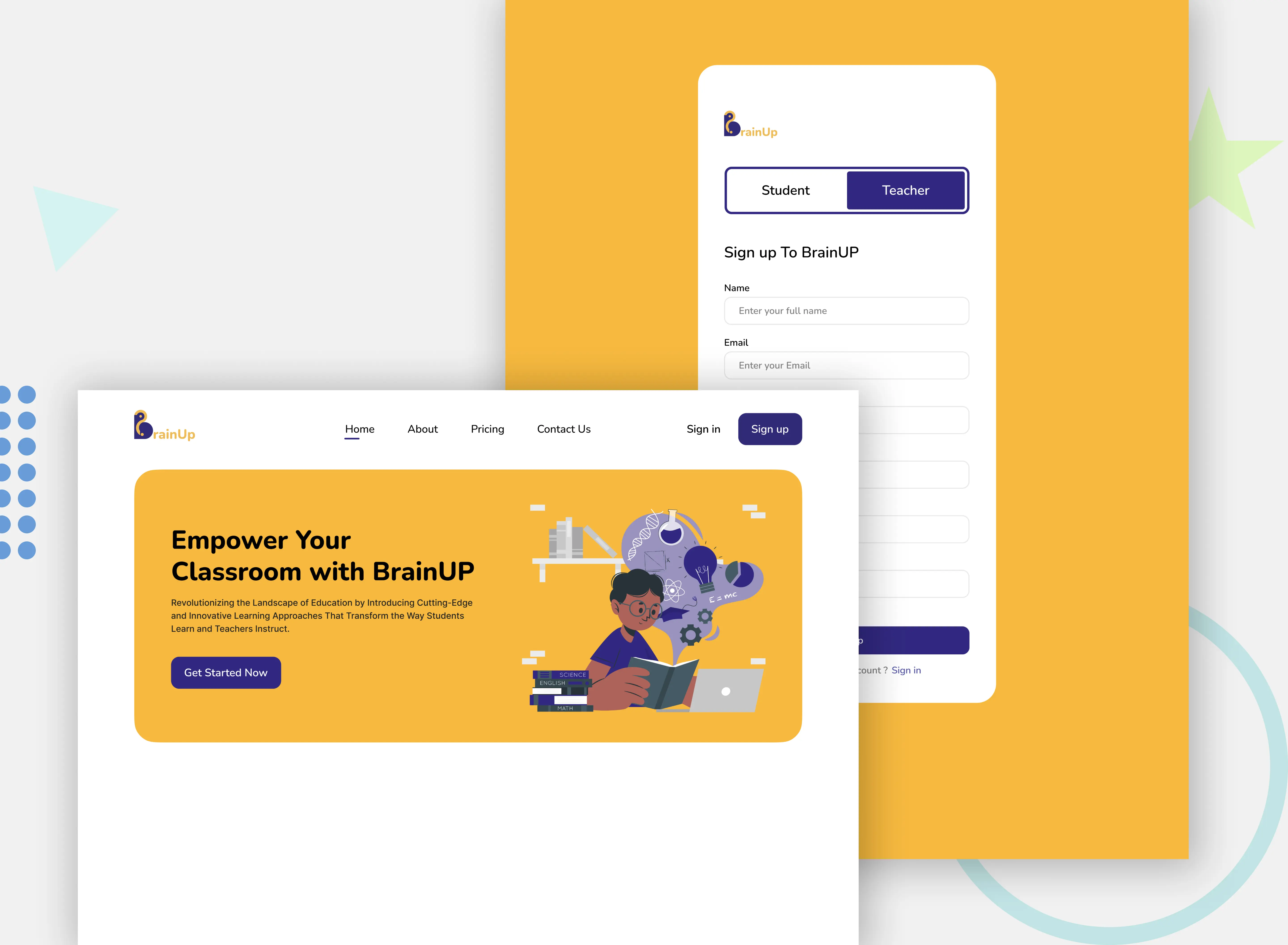 Web page interface of an educational platform called "BrainUp" featuring a sign-up form and an illustration of a person using a laptop.