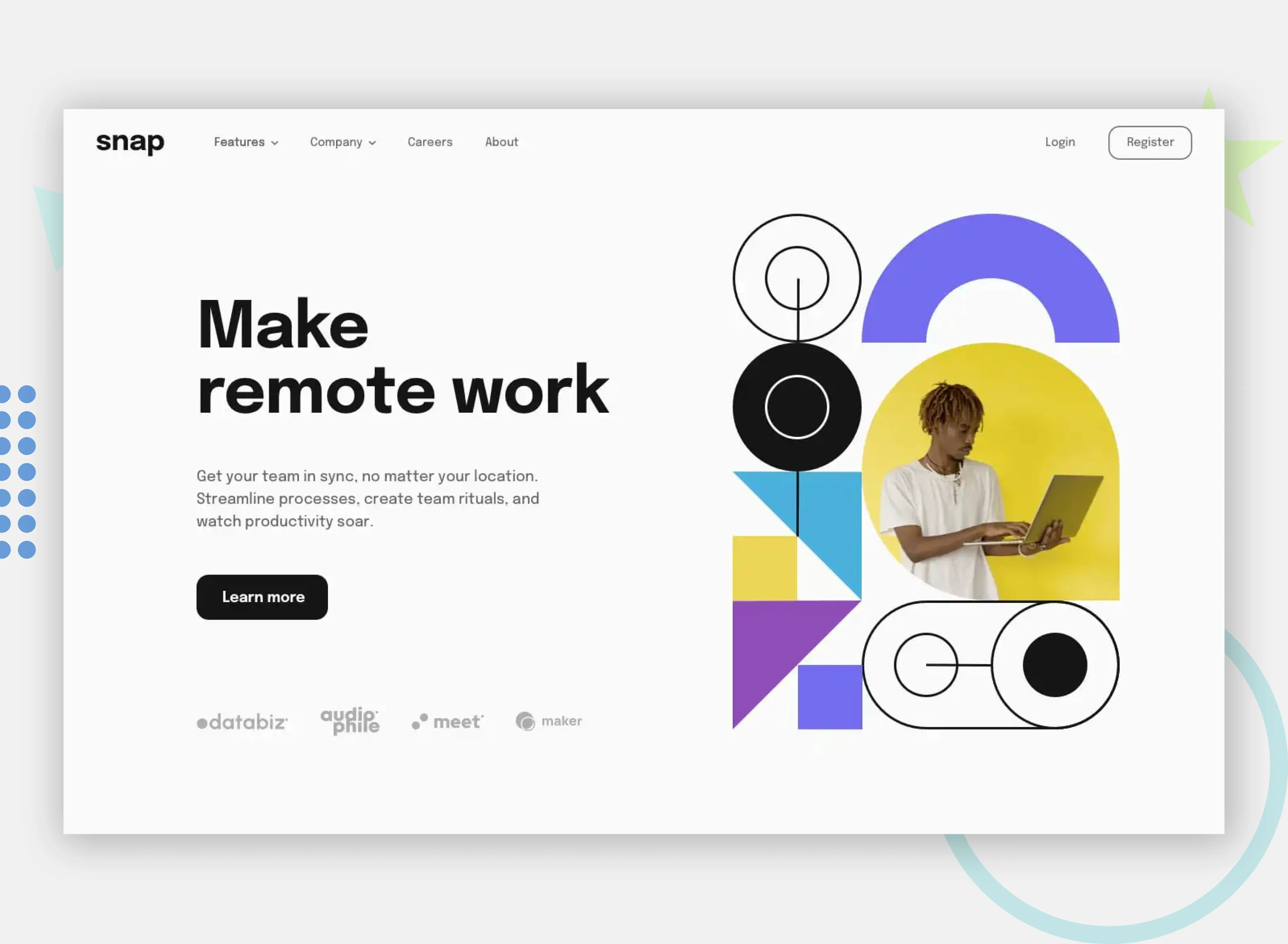 Webpage design for a tech company showcasing remote work solutions, with a stylish graphic and a focused individual working on a laptop in a modern and abstract setting.