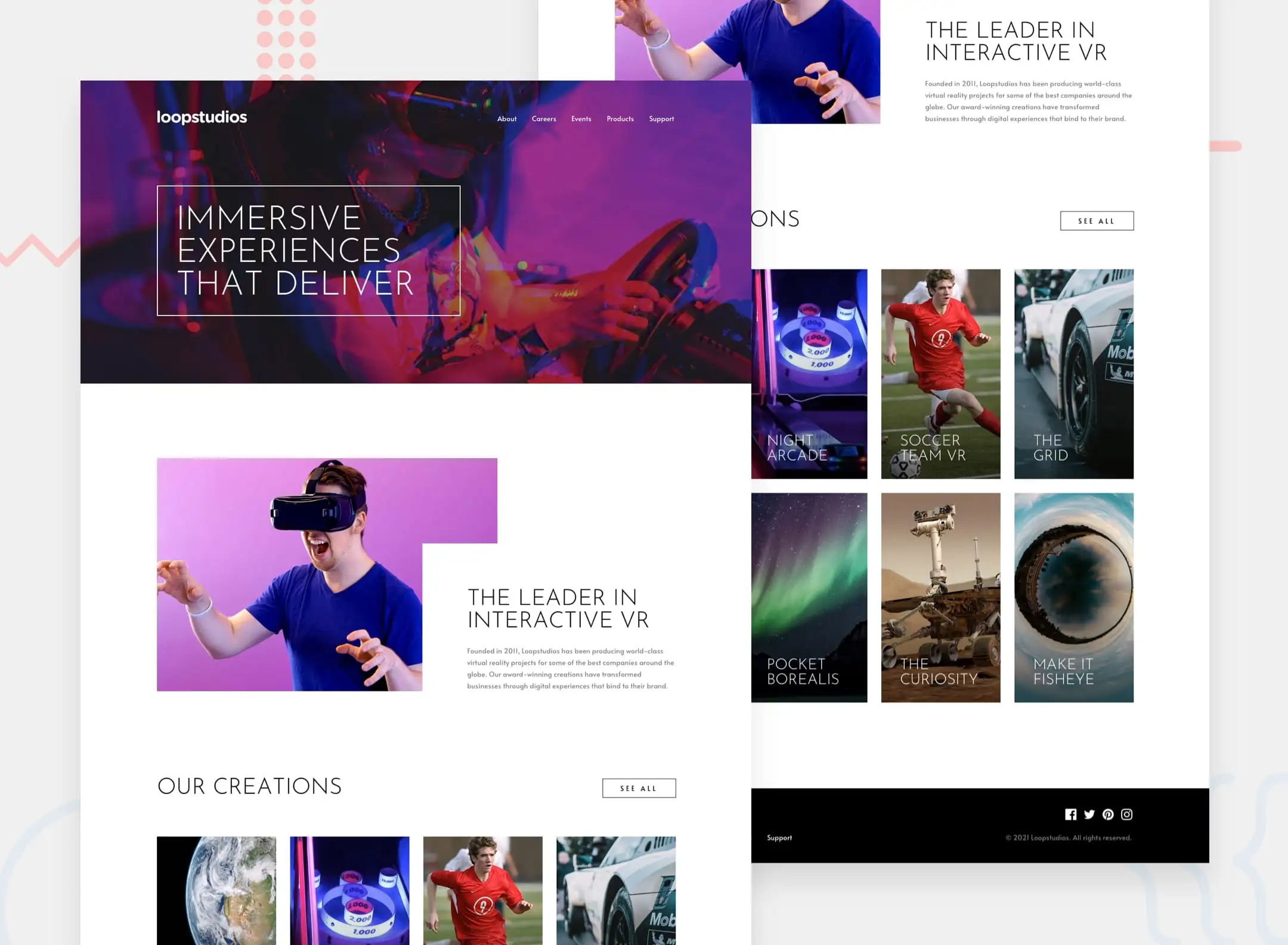 A sleek and modern website design showcasing virtual reality experiences with a central image of a person using a vr headset, flanked by various other multimedia elements and interactive features that represent the company's portfolio of immersive technology creations.