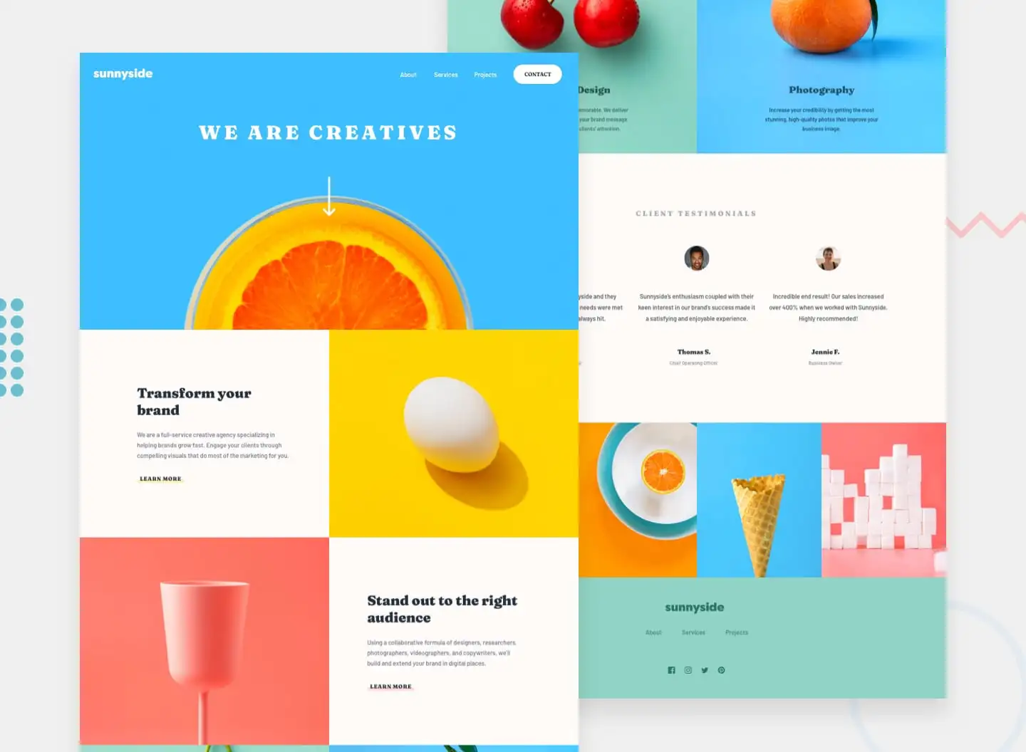 A vibrant and colorful webpage design layout for 'sunnyside' featuring sections such as "we are creatives," client testimonials, a call to action to transform your brand, and visuals including an orange slice, egg on a yellow background, a pink cup, and an ice cream cone.